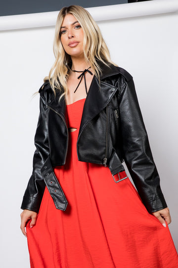 Textured Faux Leather Crop Moto Jacket