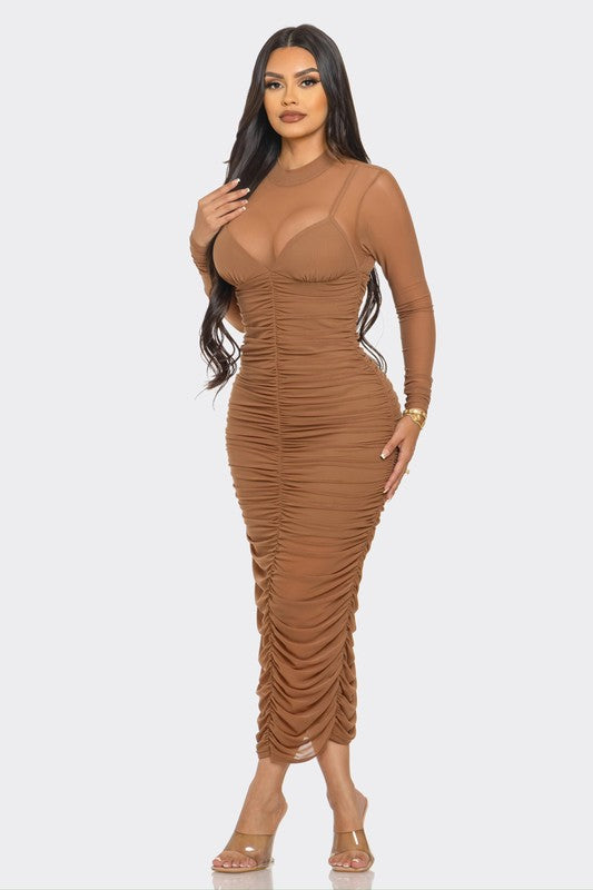 Mesh ruched midi dress hotsell