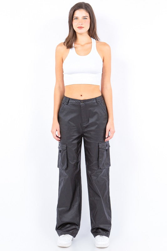 PU Coated Wide-Leg Cargo Pants