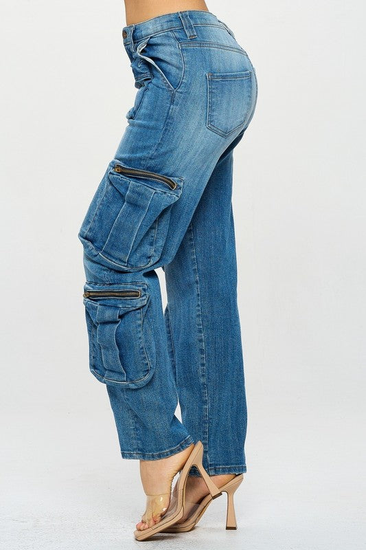 Mid Rise Cargo Jeans with Zipper Top 3D Pockets