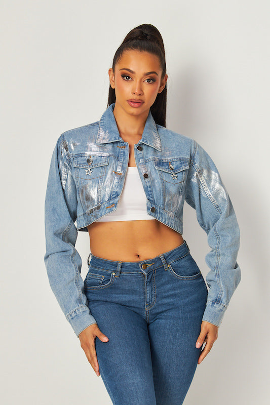 Foil Print Denim Crop Jacket