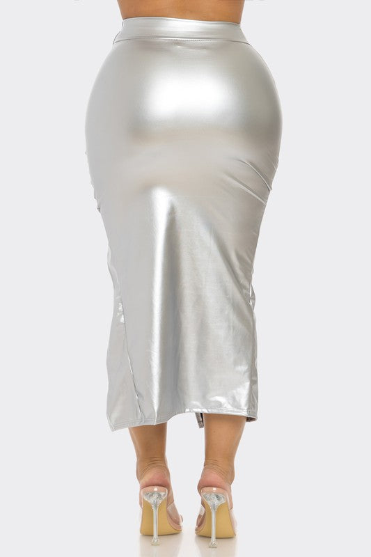 Metallic Ruched Slit Midi Skirt