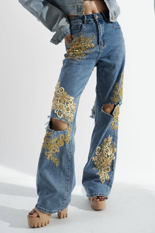 High Waisted Floral Embroidery Denim Jeans