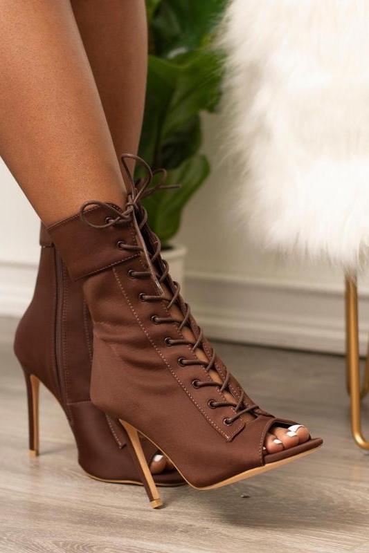 Lace up peep fashion toe booties