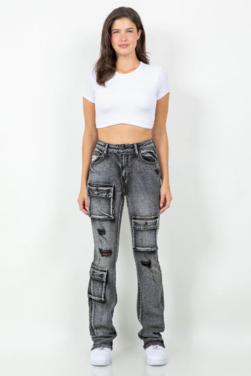 Distressed Multi Pocket Flare Jeans