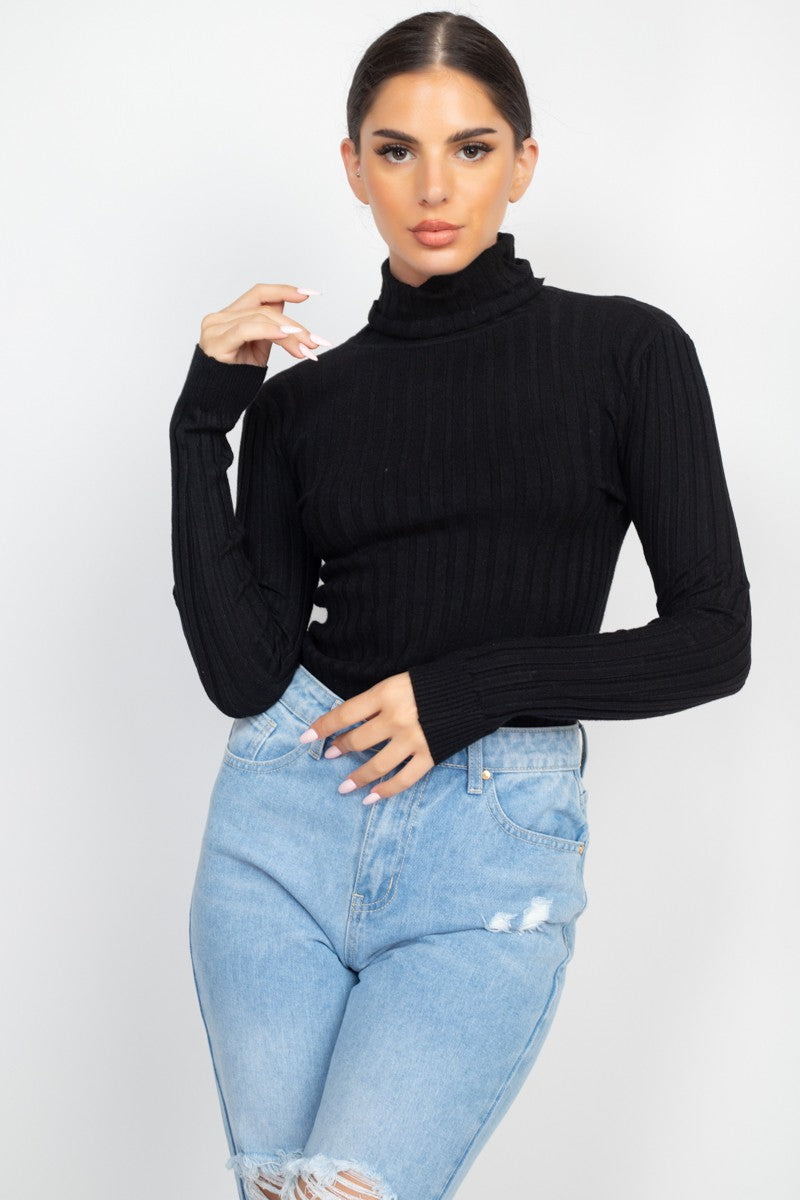 Rust Ribbed Turtleneck Long Sleeve Knit Top