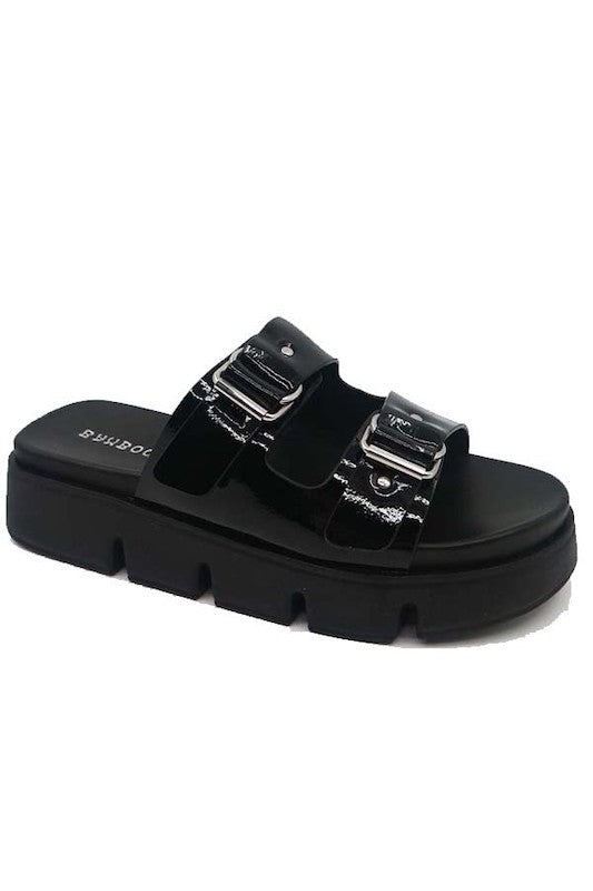 Double Buckle Slide Back Crinkle Sandal