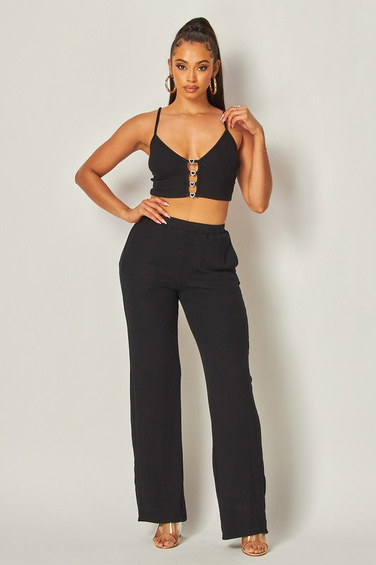 Julia Heart Trim Rib Knit Tank Crop Top & Pant Set HOT & DELICIOUS