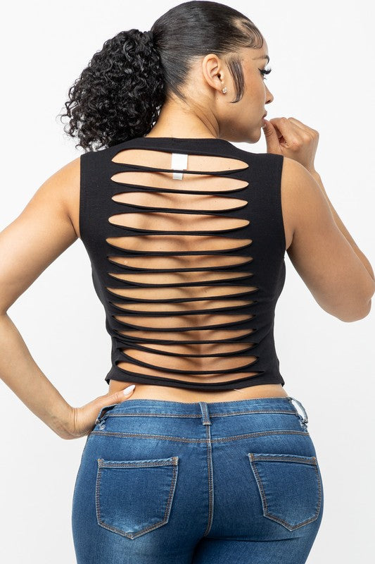 Laser Cut Back Wanted Print Crop-Top