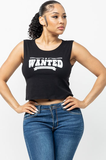 Laser Cut Back Wanted Print Crop-Top