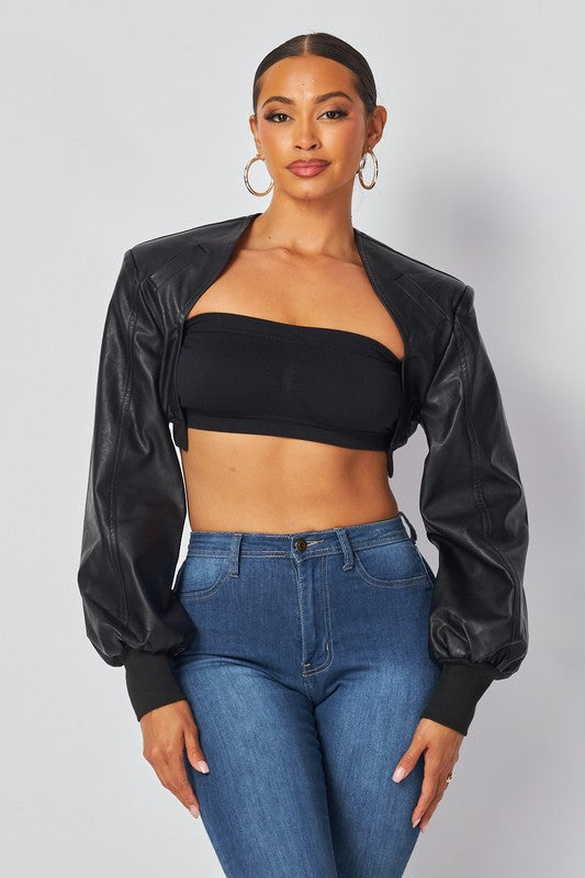 Tara Faux Leather Cropped Bolero Jacket