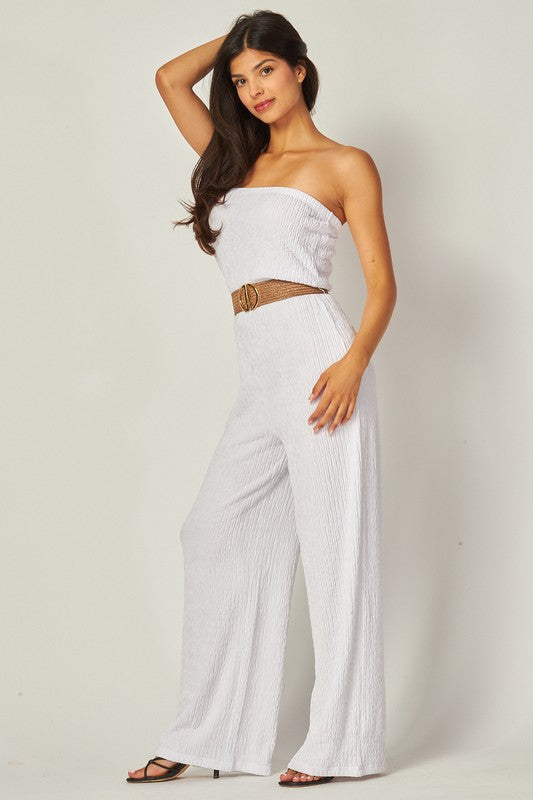 Strapless Belted Wide Leg Jumpsuit