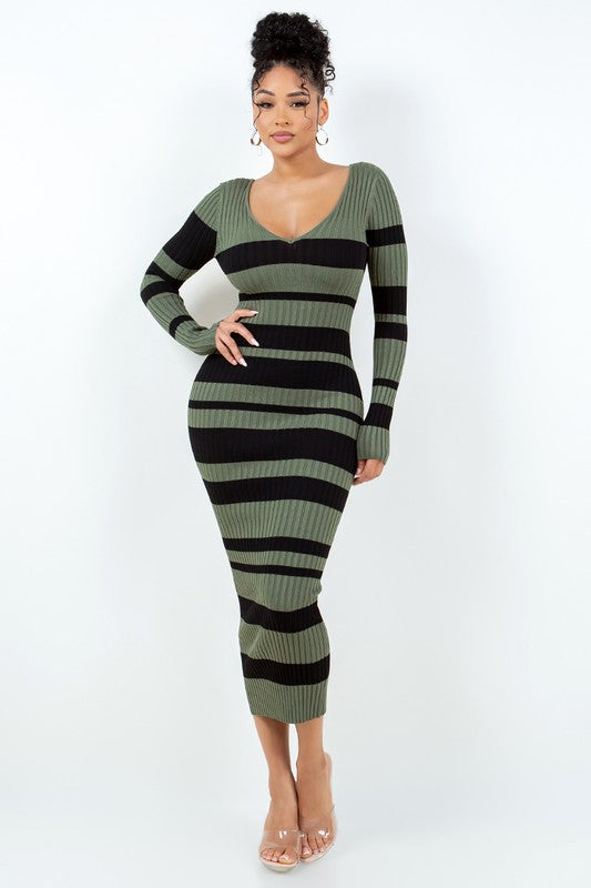 V Cut Off Shoulder Striped Dress