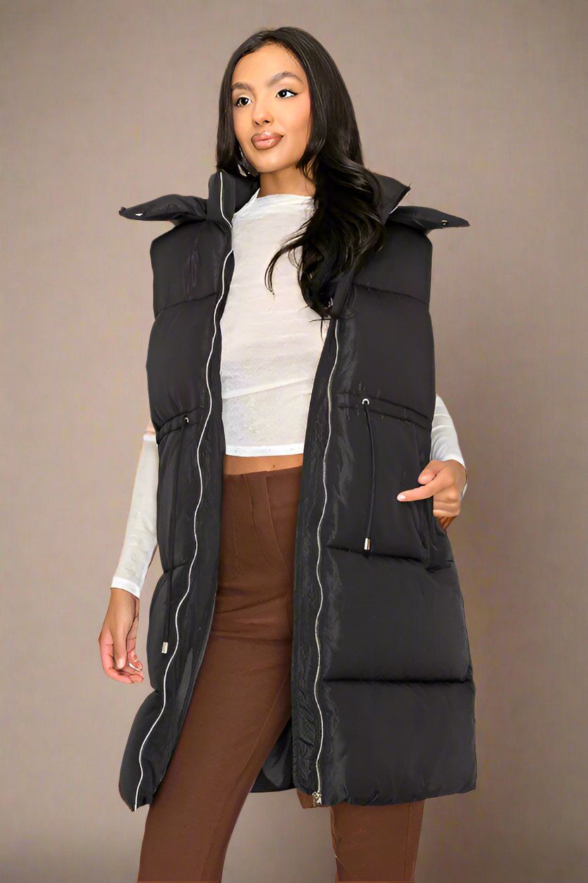 Zip Up Puffer Drawstring Long Vest