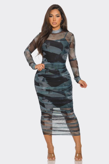 Strips of Paper Print Mesh Ruched Midi Dress