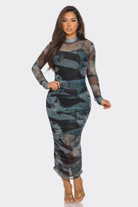 Strips of Paper Print Mesh Ruched Midi Dress