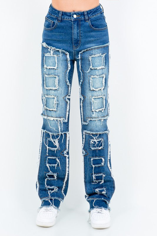 Frayed Edge Patchwork Washed Jeans