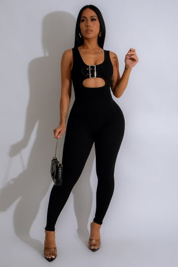 Bust Buckle Strap Open Belly Jumpsuit