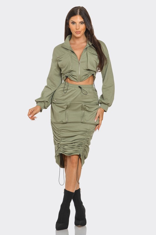 So Bomb Drawstring Cargo Pocket Skirt Set - Olive