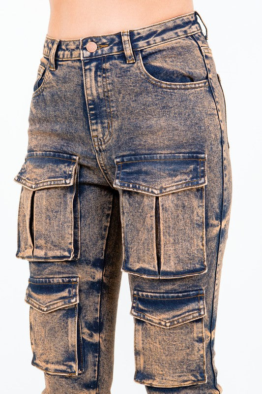 Acid Stacked Multi Pocket Cargo Jeans