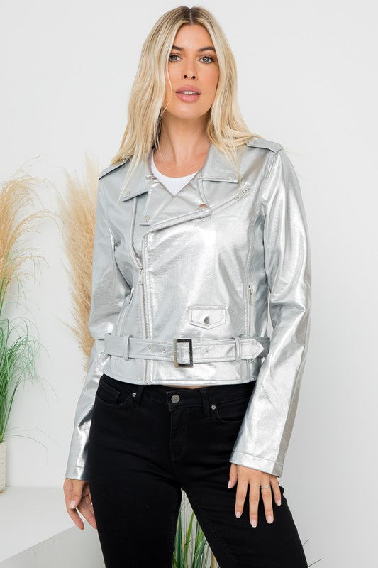 Metallic Faux Leather Crop Moto Jacket