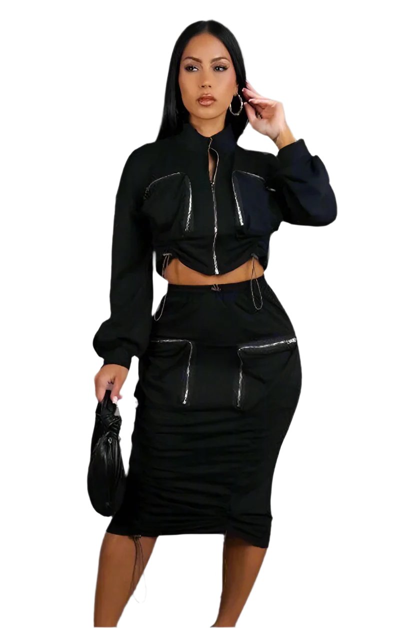 So Bomb Drawstring Cargo Pocket Skirt Set - Black