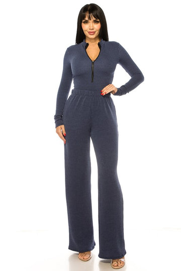 Ribbed Bodysuit and Jogger Set - Navy