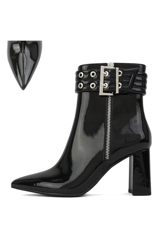 Pointed Toe Patent Bootie with Buckle