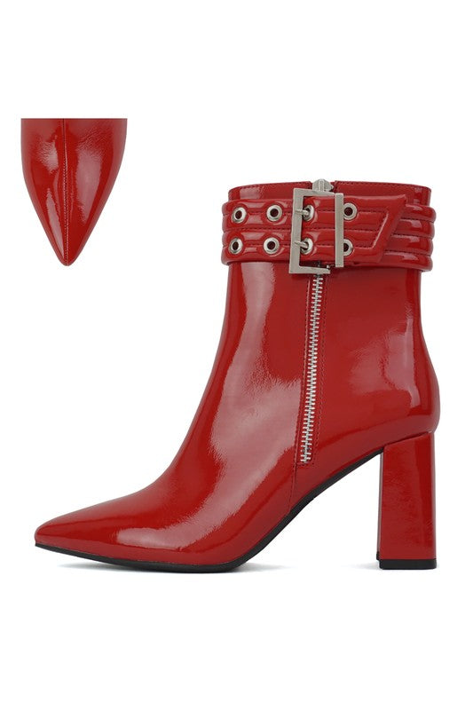 Pointed Toe Patent Bootie with Buckle