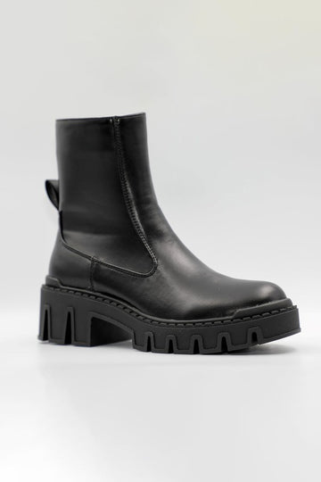 Black PU Lugged Ankle Bootie