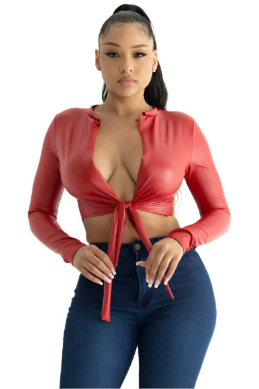 Vegan Leather Front Tie Wrap Top