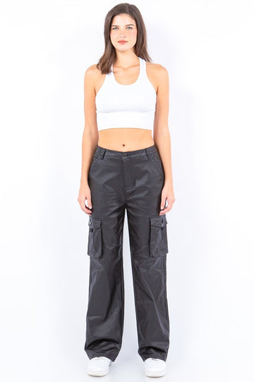 Pu Coated Wide Leg Cargo Pants AMERICAN BAZI