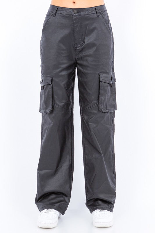 PU Coated Wide-Leg Cargo Pants
