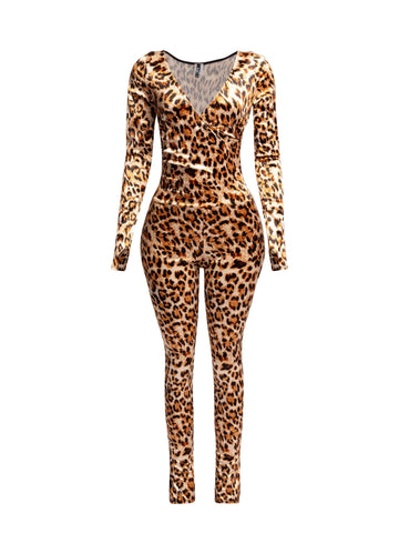 Leopard Deep V Neck Long Sleeve Jumpsuit