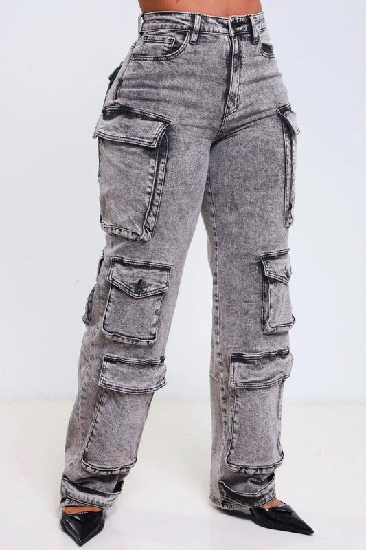 Acid Wash Cargo Jean with Multiple Pockets