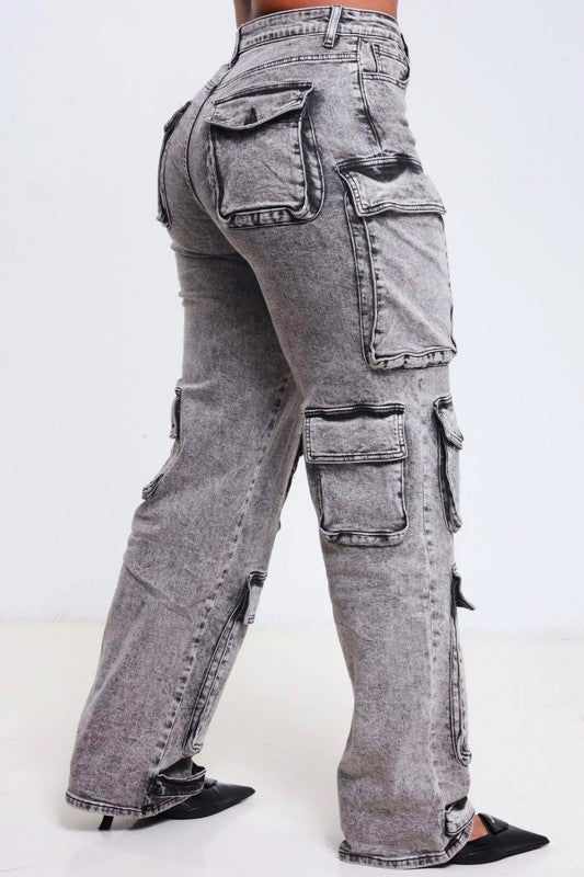 Acid Wash Cargo Jean with Multiple Pockets