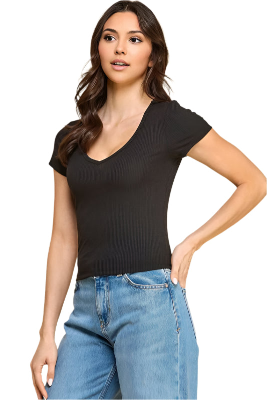 Ribbed Vneck Short Sleeve Top