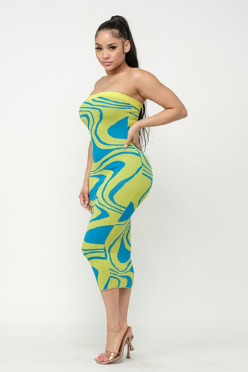 Wave Print Tube Midi Dress