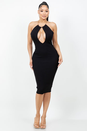 Midi Dress with Chain Necklace and Open Back