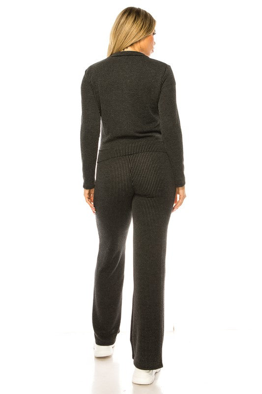 Ribbed Wide Leg Pant and Zip Up