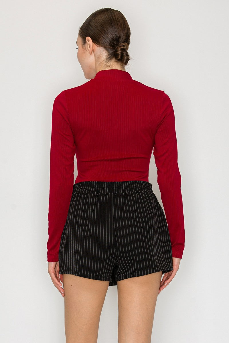 Red Ribbed Half Zip Mock Neck Bodysuit