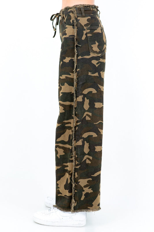 Camouflage Frayed Edge Wide Leg Pants