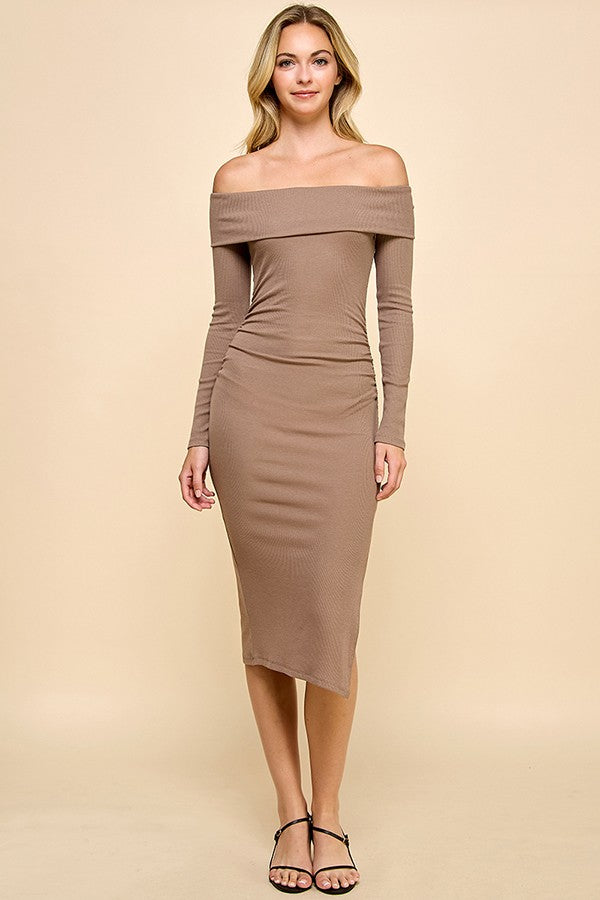 Ruched Off Shoulder Midi Dress w Slit