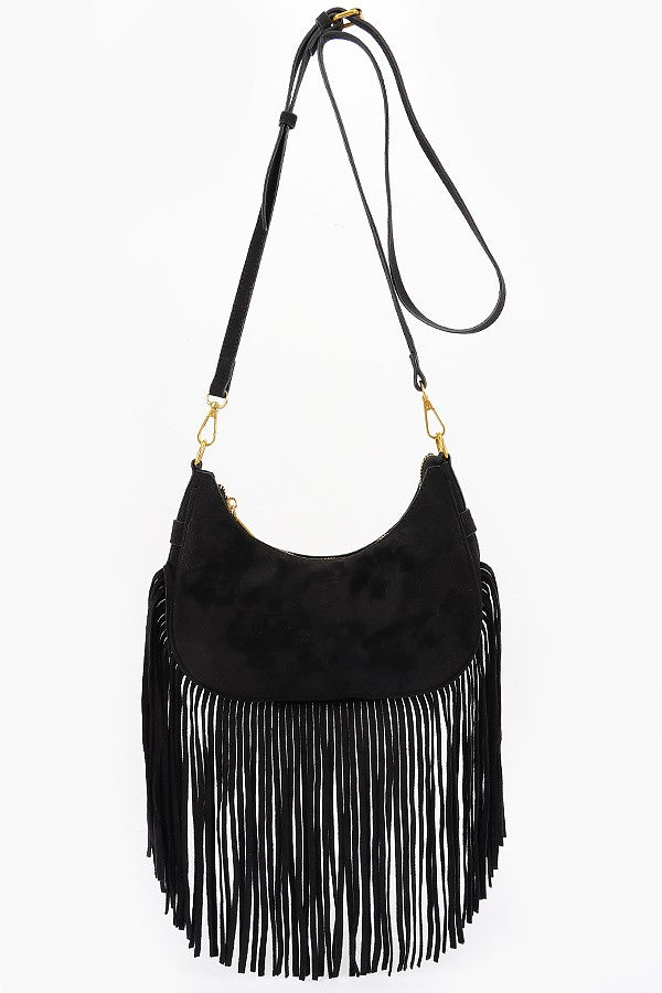 Fringe Trimmed Suede Crossbody Bag