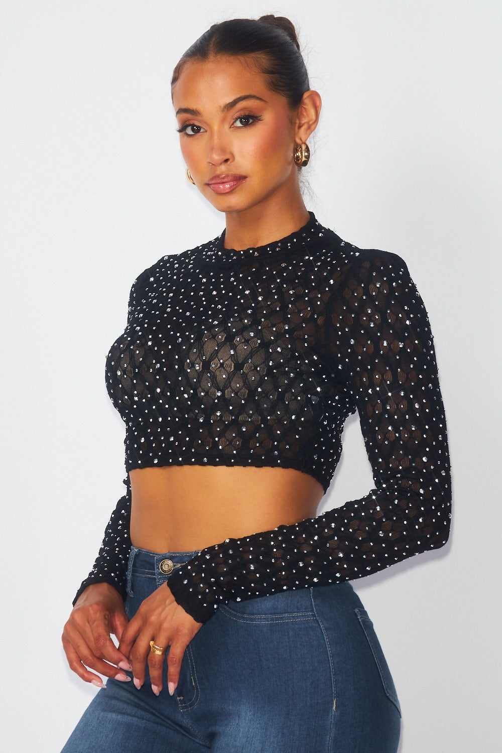 Rhinestone Lace Sleeve Shirt