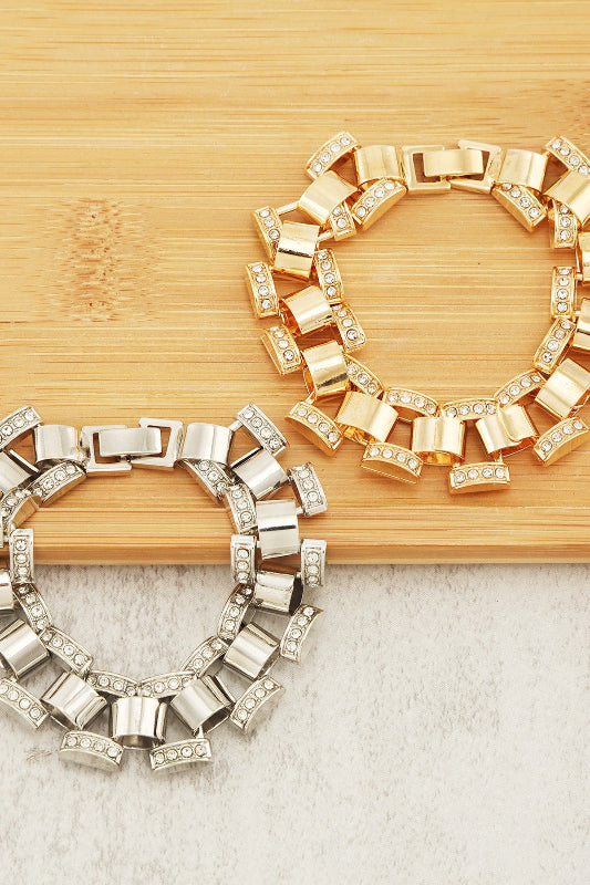 Curved Bar Chain Bracelet With Rhinestone Rows