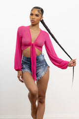 Mesh Long Sleeve Tie Front Crop Top