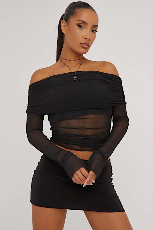 Double Mesh Fold Over Off Shoulder Top