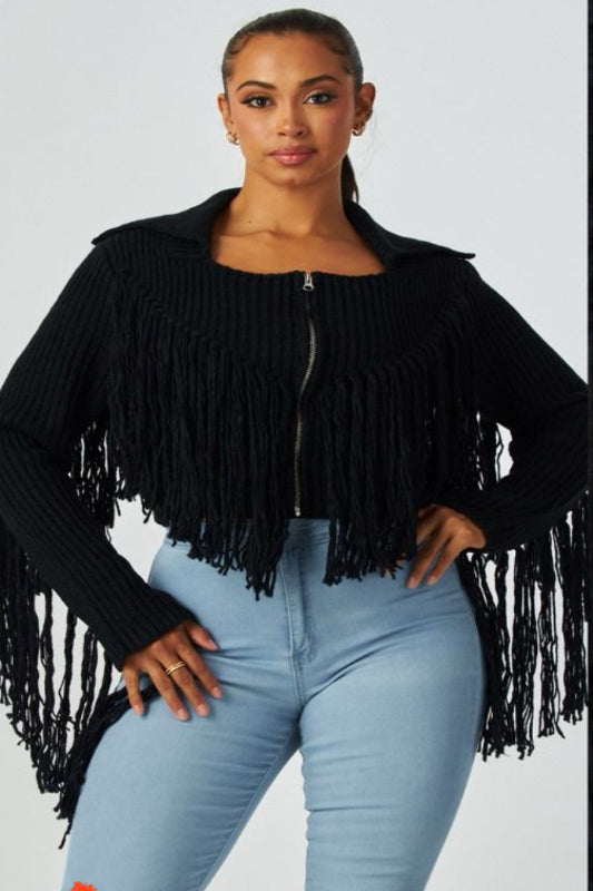 Fringe Sweater with Front Zip