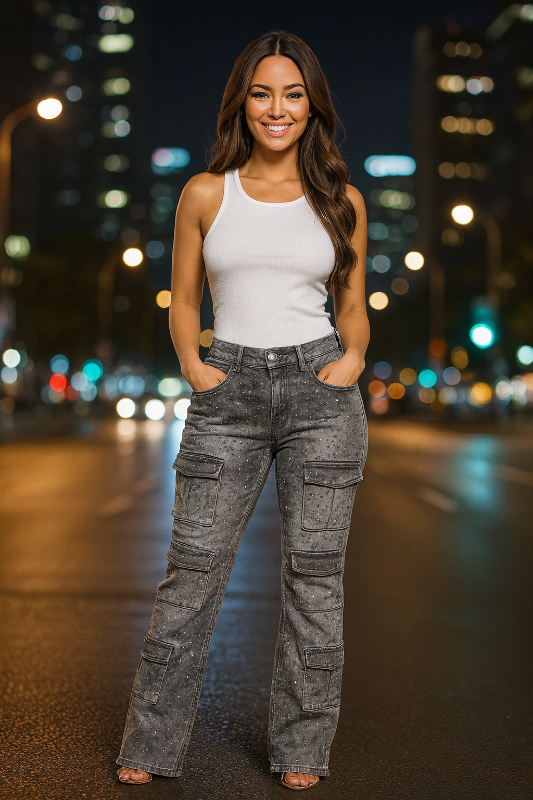 Multi Pocket Stacked Pants (Rhinestone)